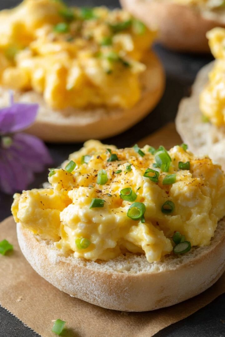 "Fluffy Garlic Herb Boursin scrambled eggs piled on toasted English muffin halves, garnished with sliced green onions and black pepper, with a purple flower beside them."2 / 2