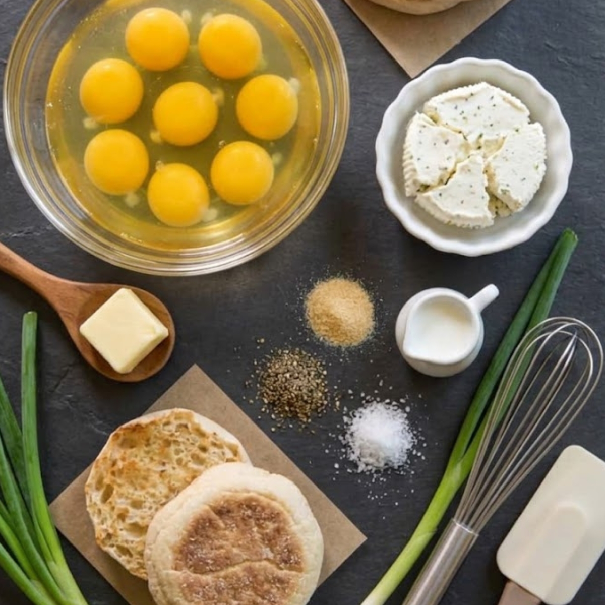 A neat, macro flat-lay overhead view showing eight raw eggs in a glass bowl, broken pieces of Boursin Garlic & Fine Herbs cheese in a small dish, butter, milk, garlic powder, black pepper, and toasted English muffin halves, all arranged on a dark slate surface, maintaining the natural daylight and aesthetic of the finished recipe image.