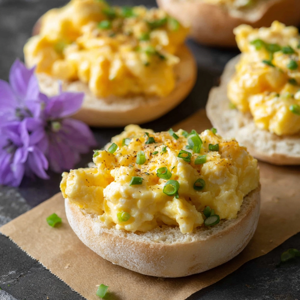 "Fluffy Garlic Herb Boursin scrambled eggs piled on toasted English muffin halves, garnished with sliced green onions and black pepper, with a purple flower beside them."2 / 2