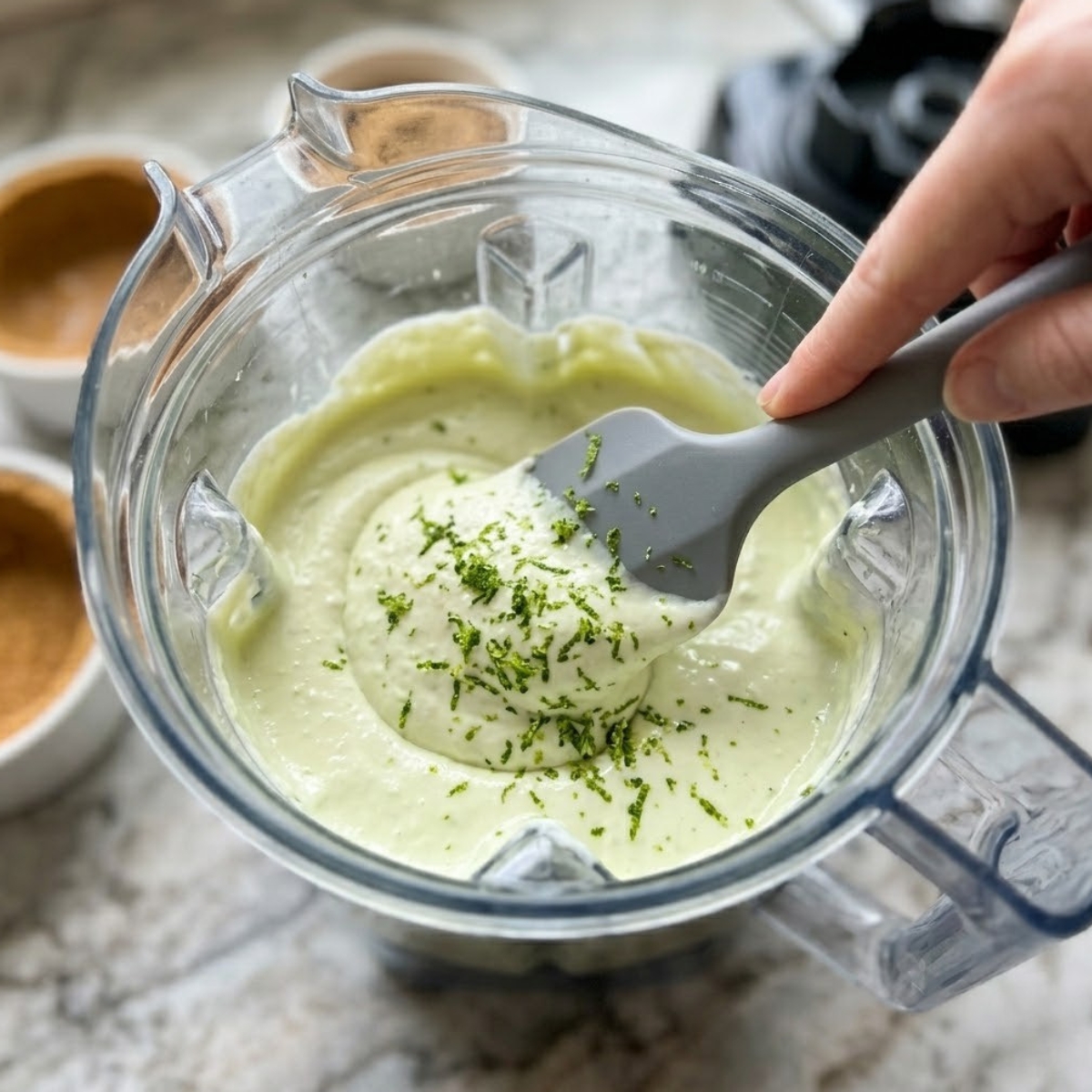 An overhead close-up view of a hand carefully mounding a pale green cottage cheese lime mousse generously above the rim of a crusted white ramekin. The textured graham cracker crust forms a clean border, and the grey windowsill background from image_1.png is in a soft focus.