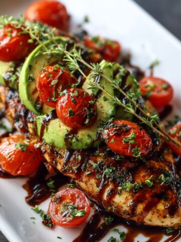 Grilled California Avocado Chicken topped with sliced avocado, roasted cherry tomatoes, fresh herbs, and a balsamic glaze drizzle on a white platter.