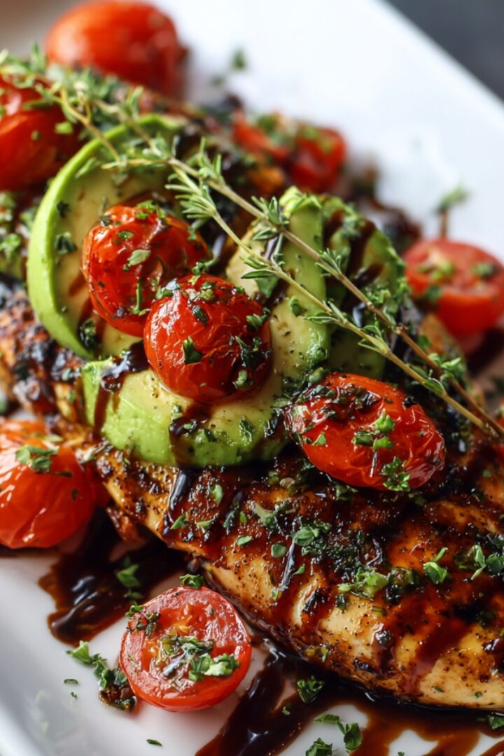 Grilled California Avocado Chicken topped with sliced avocado, roasted cherry tomatoes, fresh herbs, and a balsamic glaze drizzle on a white platter.