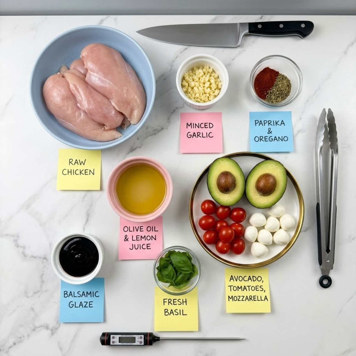 Overhead flat lay view of grilled California avocado chicken ingredients organized in colorful bowls with handwritten sticky notes on a marble kitchen counter.