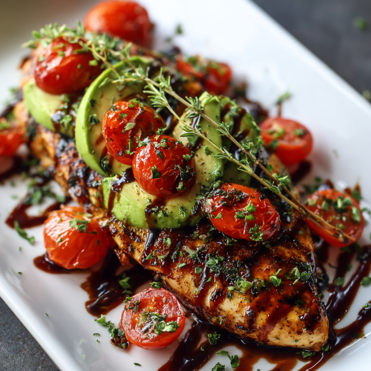 Grilled California Avocado Chicken topped with sliced avocado, roasted cherry tomatoes, fresh herbs, and a balsamic glaze drizzle on a white platter.