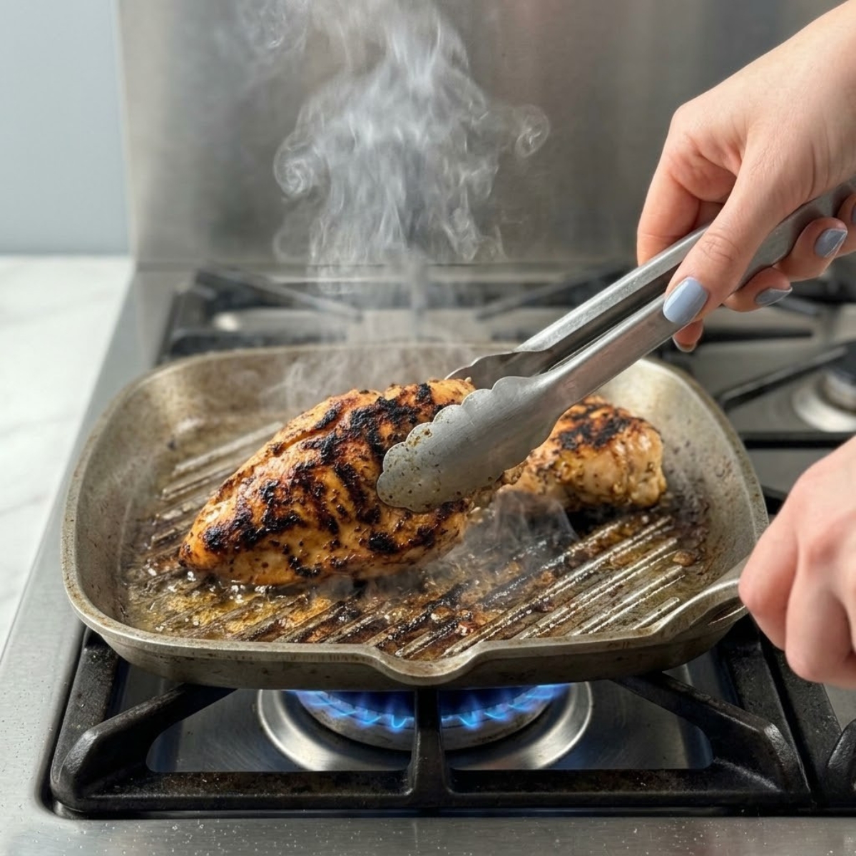 Close up view of a woman's hands with fog blue nails using metal tongs to flip a charred chicken breast on a smoking hot grill pan over a gas stove.