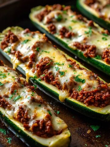 Four halved zucchini boats on a dark roasting pan, filled with seasoned browned ground beef in a rich tomato sauce and topped with golden bubbling melted cheese, garnished with freshly chopped parsley, with the vibrant dark green zucchini skins contrasting against the savory meat and cheese filling.