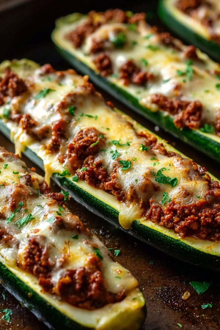 Four halved zucchini boats on a dark roasting pan, filled with seasoned browned ground beef in a rich tomato sauce and topped with golden bubbling melted cheese, garnished with freshly chopped parsley, with the vibrant dark green zucchini skins contrasting against the savory meat and cheese filling.