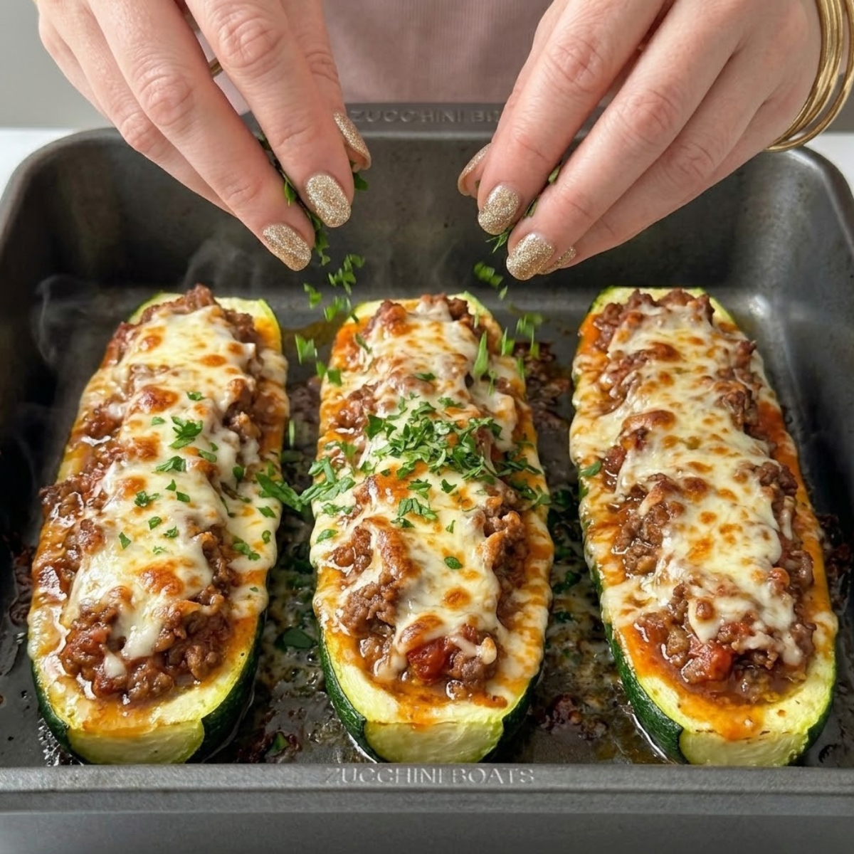 Extreme close-up of hands with gold glitter nails garnishing baked, cheesy beef-stuffed zucchini boats with fresh parsley.