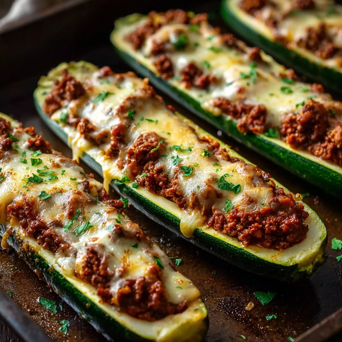 Four halved zucchini boats on a dark roasting pan, filled with seasoned browned ground beef in a rich tomato sauce and topped with golden bubbling melted cheese, garnished with freshly chopped parsley, with the vibrant dark green zucchini skins contrasting against the savory meat and cheese filling.