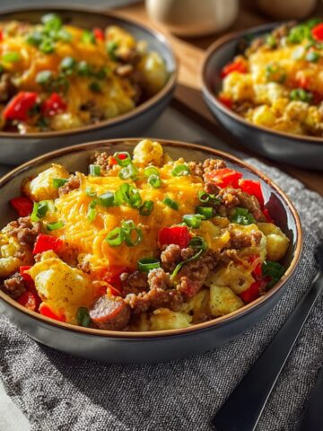Three dark ceramic bowls filled with hearty high-protein breakfast bowls featuring crispy tater tots, crumbled ground sausage, diced red bell peppers, and melted golden cheddar cheese, garnished with sliced green onions, arranged on a gray linen napkin with black forks alongside, on a light gray surface with a wooden cutting board visible in the background.