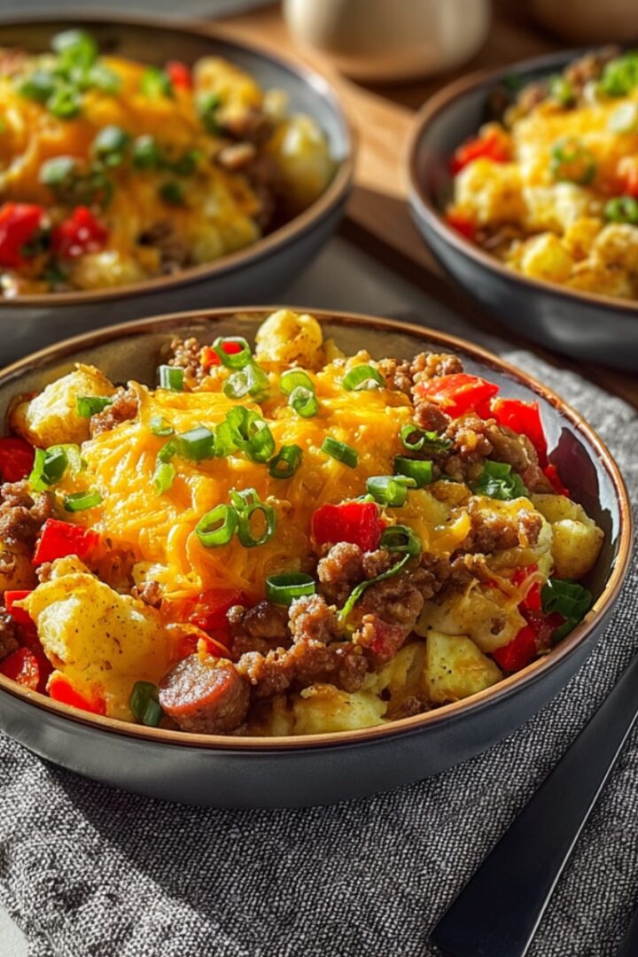 Three dark ceramic bowls filled with hearty high-protein breakfast bowls featuring crispy tater tots, crumbled ground sausage, diced red bell peppers, and melted golden cheddar cheese, garnished with sliced green onions, arranged on a gray linen napkin with black forks alongside, on a light gray surface with a wooden cutting board visible in the background.