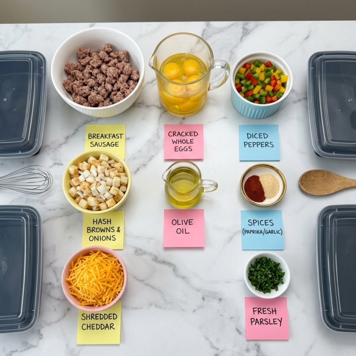 Overhead flat lay view of high protein freezer-friendly breakfast bowl ingredients including sausage, eggs, and bell peppers organized in colorful bowls with handwritten sticky notes on a marble kitchen counter.