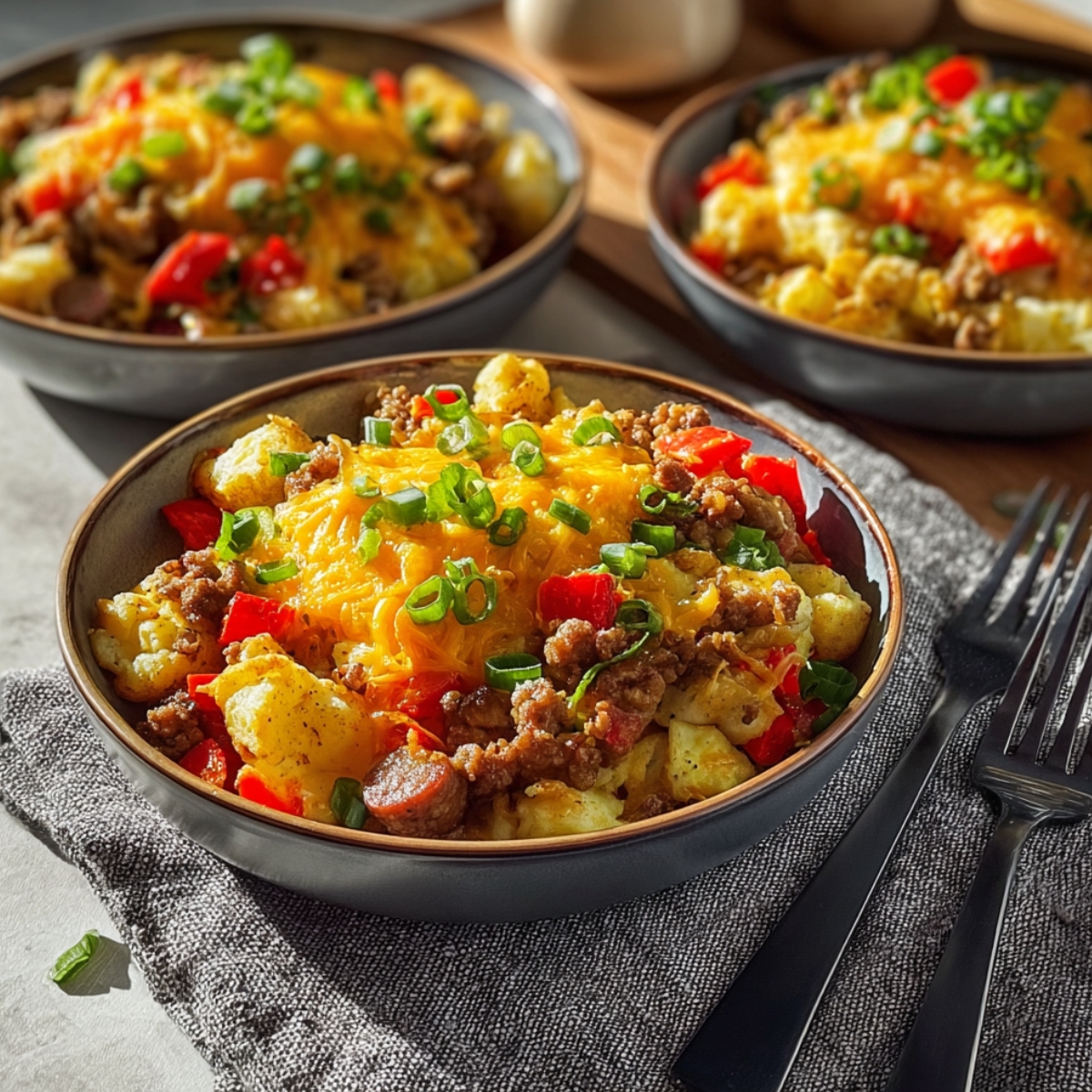 Three dark ceramic bowls filled with hearty high-protein breakfast bowls featuring crispy tater tots, crumbled ground sausage, diced red bell peppers, and melted golden cheddar cheese, garnished with sliced green onions, arranged on a gray linen napkin with black forks alongside, on a light gray surface with a wooden cutting board visible in the background.