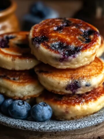 A stack of six golden-brown high protein blueberry pancake muffins piled on a speckled gray ceramic plate, with deeply caramelized tops studded with burst juicy blueberries, accompanied by fresh whole blueberries on the side, on a rustic wooden surface with a blurred wooden bowl of blueberries in the warm background.