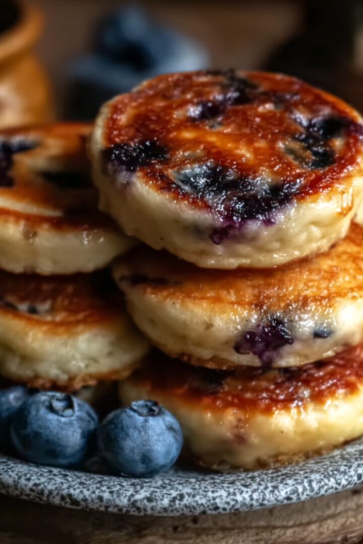 A stack of six golden-brown high protein blueberry pancake muffins piled on a speckled gray ceramic plate, with deeply caramelized tops studded with burst juicy blueberries, accompanied by fresh whole blueberries on the side, on a rustic wooden surface with a blurred wooden bowl of blueberries in the warm background.