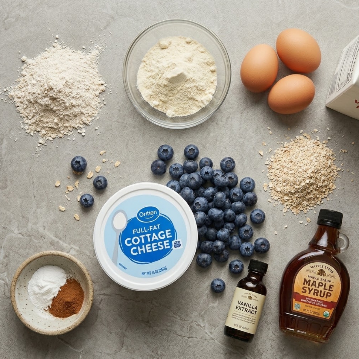 A neat, overhead flat-lay photograph showing all raw ingredients: oat flour, vanilla protein powder, a tub of cottage cheese, whole eggs, a carton of whole milk, a bottle of maple syrup, vanilla extract, baking powder, cinnamon, and fresh blueberries, all arranged cleanly on a grey stone countertop, matching the visual lighting