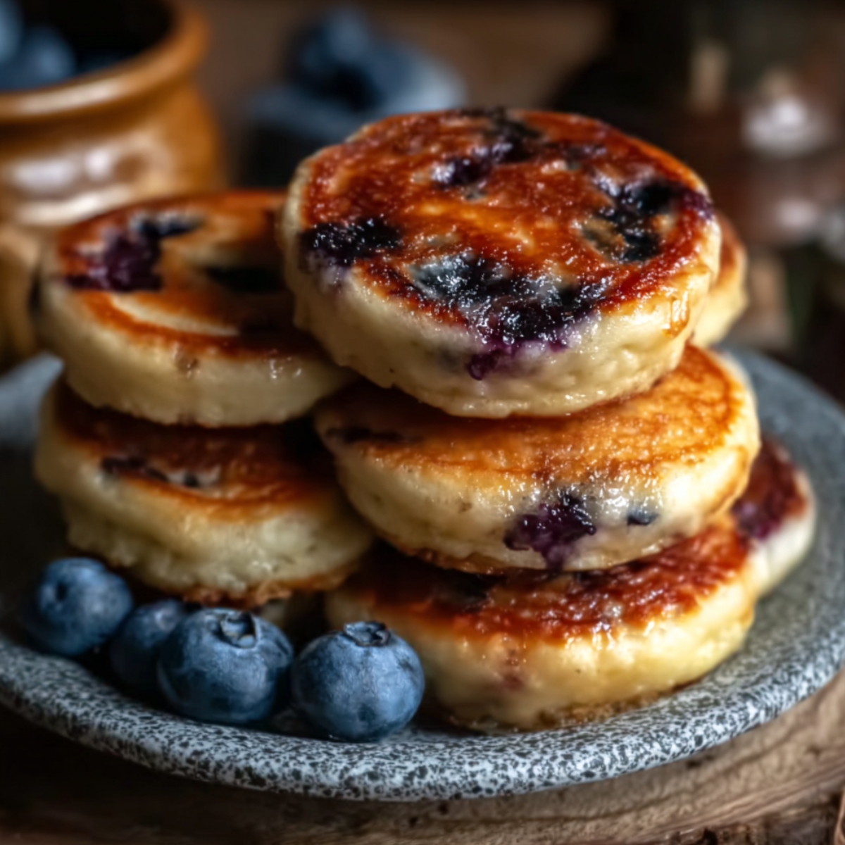 A stack of six golden-brown high protein blueberry pancake muffins piled on a speckled gray ceramic plate, with deeply caramelized tops studded with burst juicy blueberries, accompanied by fresh whole blueberries on the side, on a rustic wooden surface with a blurred wooden bowl of blueberries in the warm background.