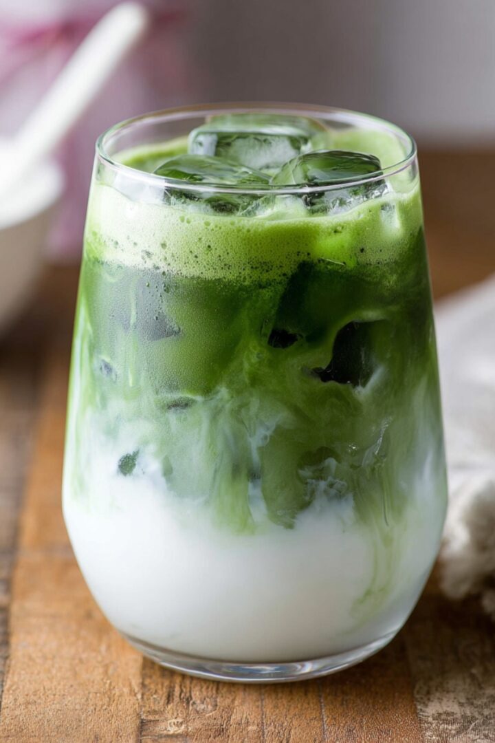 A glass of Iced Coconut Matcha Latte with vibrant green matcha swirling into creamy white coconut milk over ice, served on a wooden board.