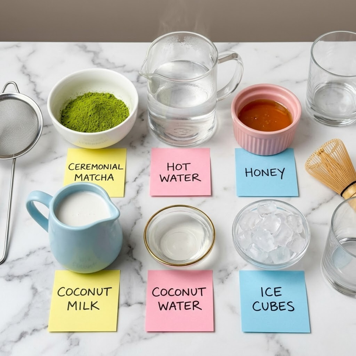 Overhead flat lay view of iced coconut matcha latte ingredients including matcha powder and coconut milk organized in colorful bowls with handwritten sticky notes on a marble kitchen counter.