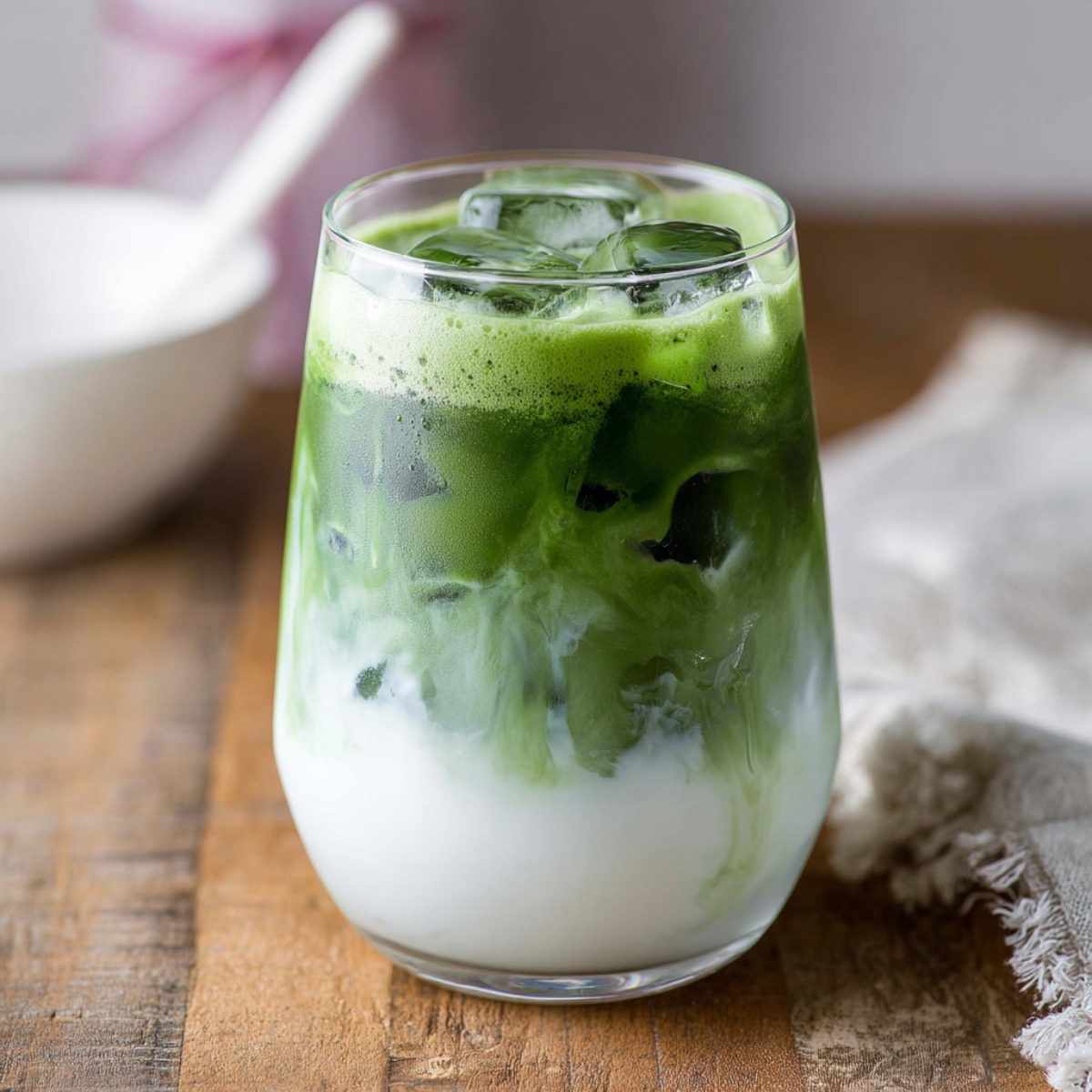 A glass of Iced Coconut Matcha Latte with vibrant green matcha swirling into creamy white coconut milk over ice, served on a wooden board.