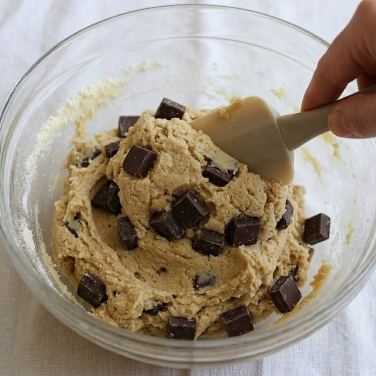 A close-up view of a hand using a flexible spatula to fold dark chocolate chunks into a thick, textured, light tan cookie dough in a glass bowl.