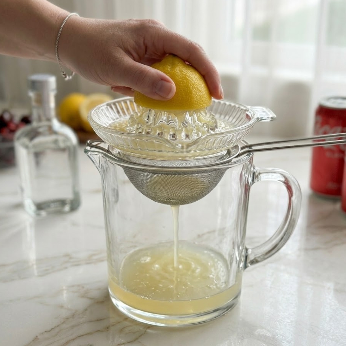 A close-up view capturing a hand using a manual glass juicer to squeeze a fresh lemon half. Pale yellow lemon juice is actively streaming through a fine mesh strainer into the clear pitcher (seen in image_69.png), collecting at the base. The marble counter from image_1.png is visible in the background.