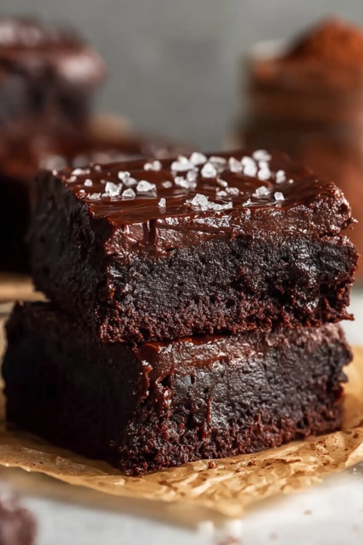 Two stacked Keto Avocado Brownies with a glossy chocolate glaze and flaky sea salt on top, placed on parchment paper with a jar of cocoa powder in the background.