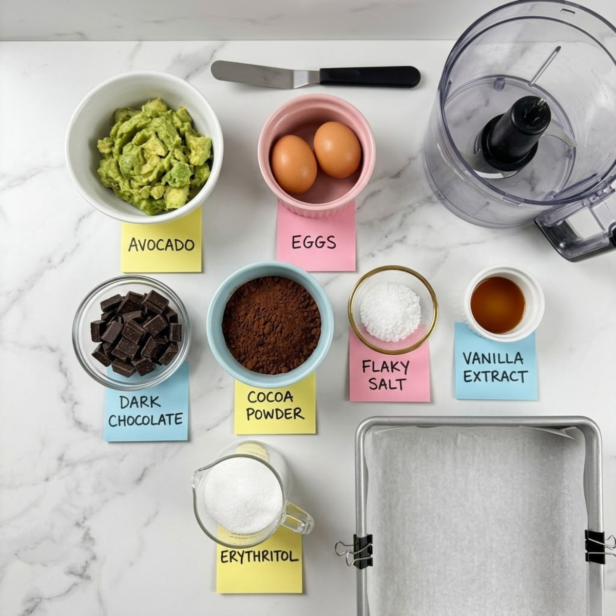 Overhead flat lay view of keto avocado brownie ingredients including cocoa powder and dark chocolate organized in colorful bowls with handwritten sticky notes on a marble kitchen counter.