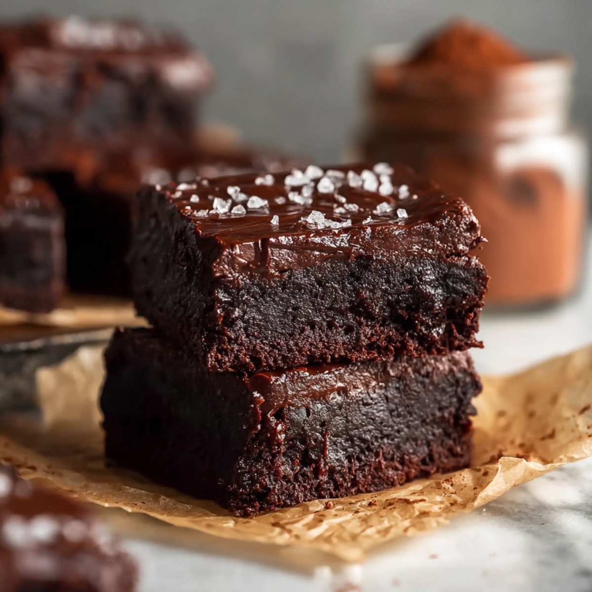 Two stacked Keto Avocado Brownies with a glossy chocolate glaze and flaky sea salt on top, placed on parchment paper with a jar of cocoa powder in the background.