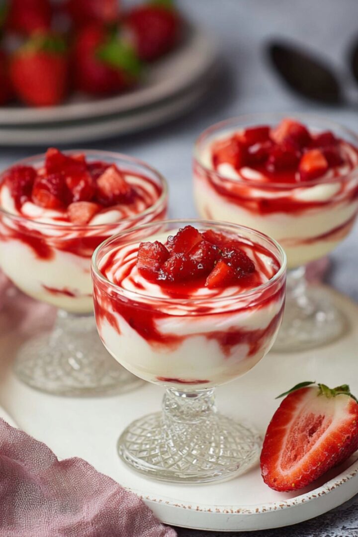 Three elegant crystal dessert glasses filled with creamy white mascarpone mousse swirled with vibrant red strawberry sauce and topped with fresh diced strawberries, arranged on a round white ceramic plate. A halved fresh strawberry sits beside the glasses, with a bowl of whole strawberries and dark chocolate pieces visible in the soft-focus background, alongside a dusty pink linen napkin on a gray surface.