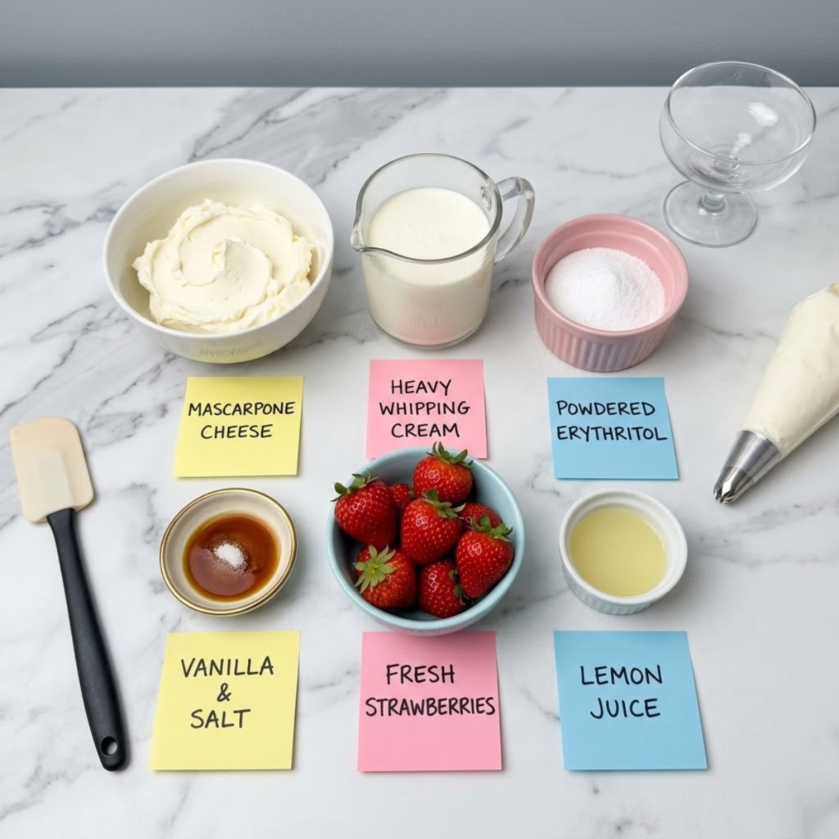 Overhead flat lay view of keto mascarpone mousse ingredients including strawberries and heavy cream organized in colorful bowls with handwritten sticky notes on a marble kitchen counter.