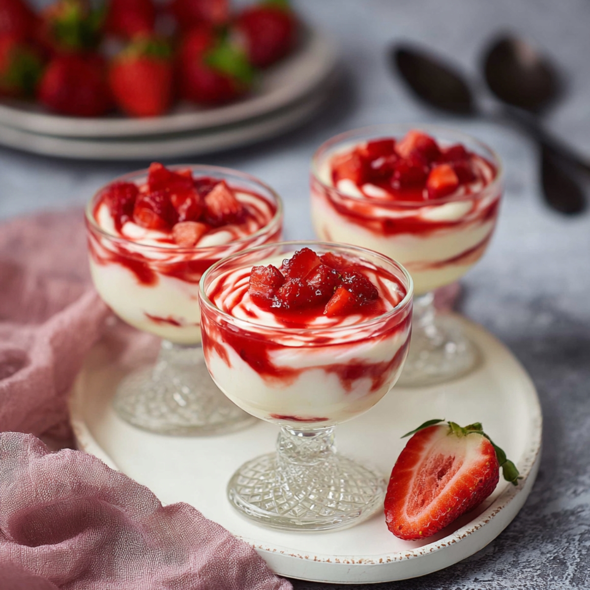 Three elegant crystal dessert glasses filled with creamy white mascarpone mousse swirled with vibrant red strawberry sauce and topped with fresh diced strawberries, arranged on a round white ceramic plate. A halved fresh strawberry sits beside the glasses, with a bowl of whole strawberries and dark chocolate pieces visible in the soft-focus background, alongside a dusty pink linen napkin on a gray surface.