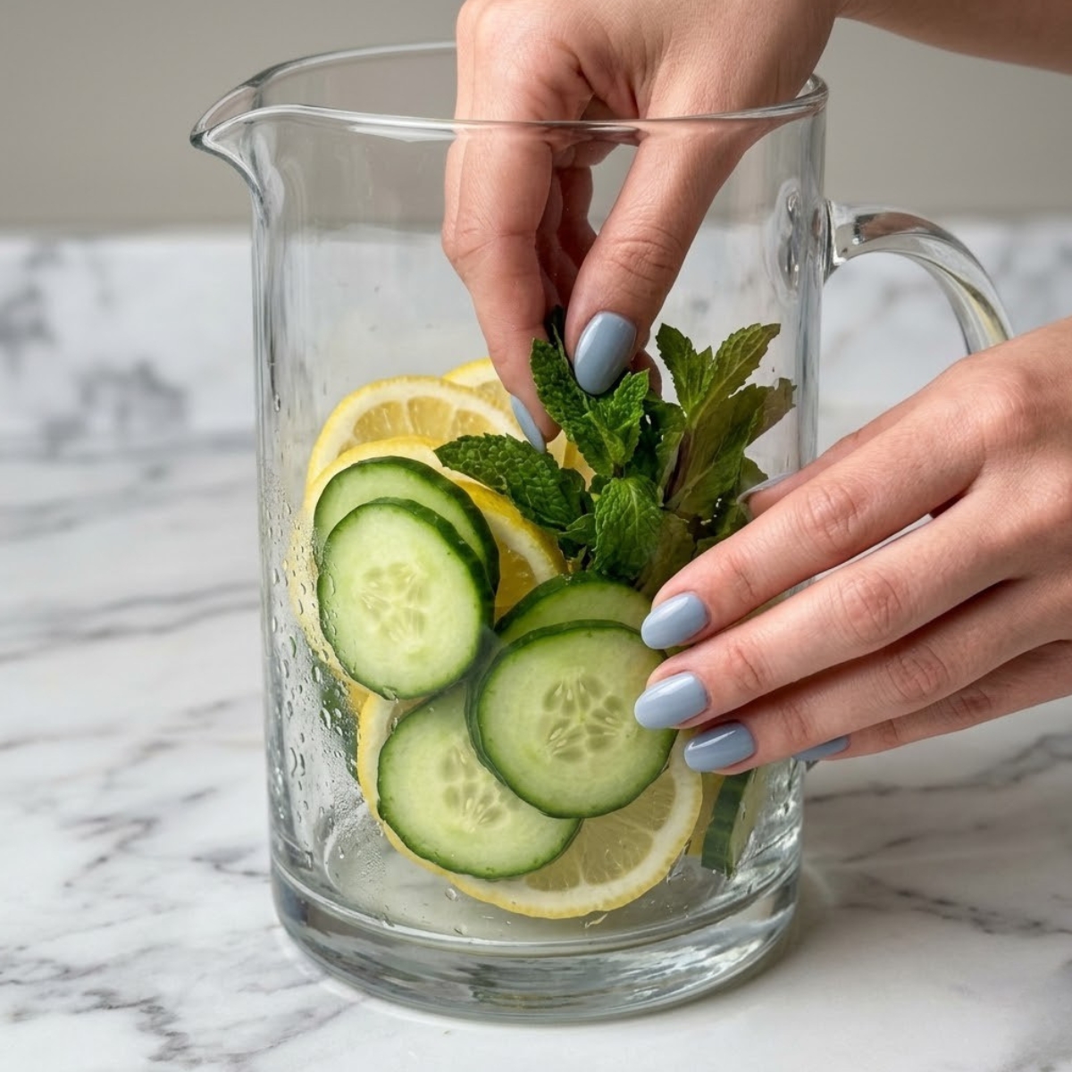 Close up view of a woman's hands with fog blue nails arranging cucumber rounds, lemon wheels, and mint sprigs inside a clear glass pitcher on a white marble counter.