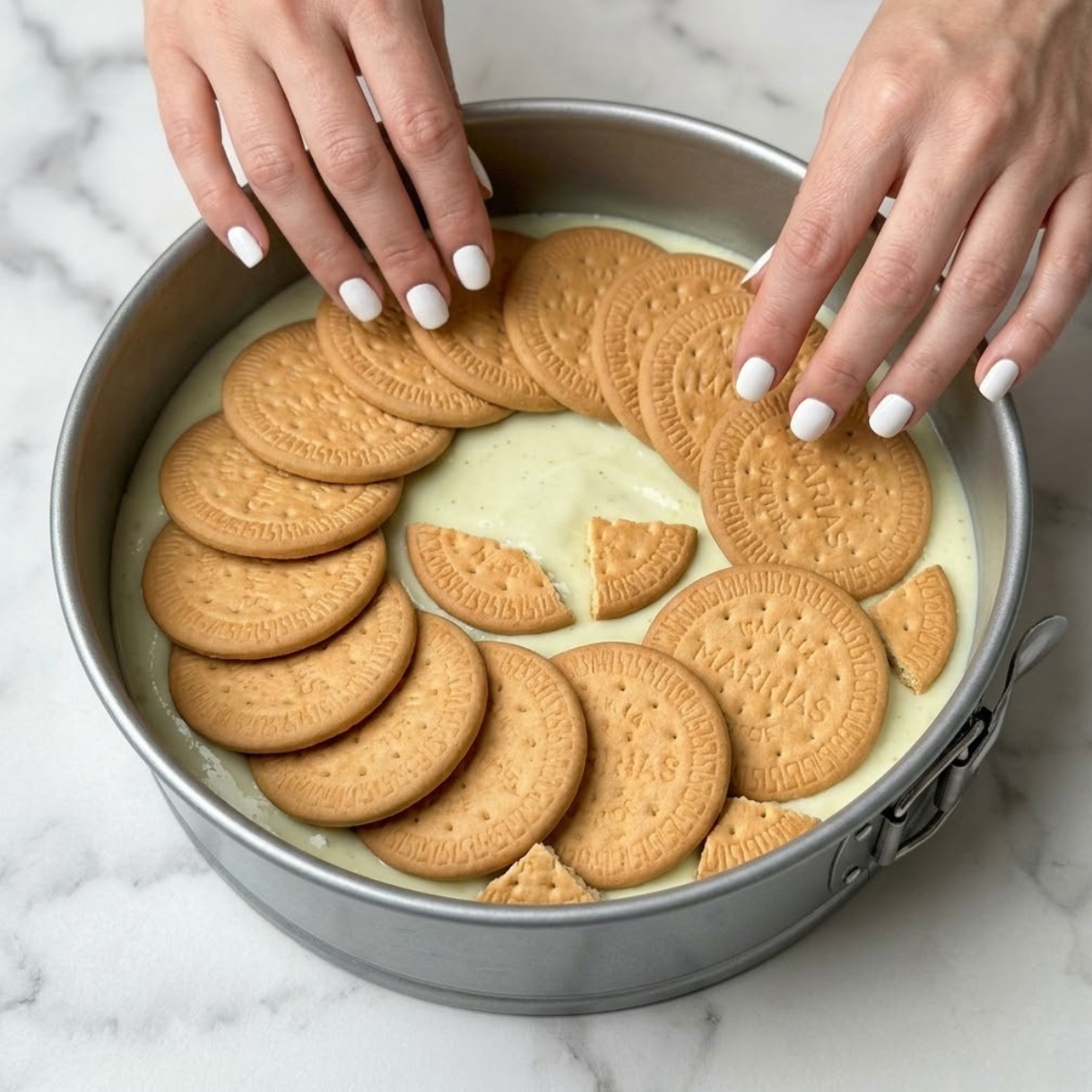 Tight zoom of hands with white nails arranging round Marias biscuits in a circular pattern over lime cream inside a pan.
