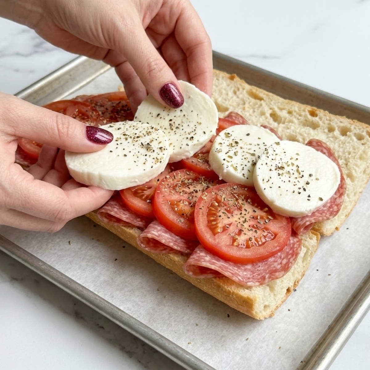 Tight zoom of hands with red nails layering fresh mozzarella rounds onto an open-faced Italian sub sandwich.
