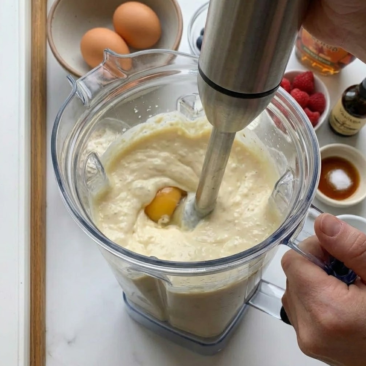 A close-up square photograph, shot from a slightly high angle, focusing on a hand using an immersion blender inside a tall glass beaker to liquefy a tub of cottage cheese. The texture transitions from lumpy curds into a thick, uniform cream, illuminated by soft daylight from the kitchen counter background seen in image_41.png.