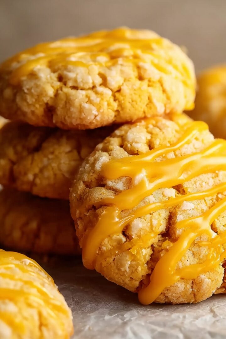 Close-up of golden mango cookies with a crinkled sugar-crusted texture, drizzled with vibrant bright yellow mango glaze in diagonal lines, stacked and scattered on crinkled parchment paper on a light gray surface, with additional cookies softly blurred in the warm background.
