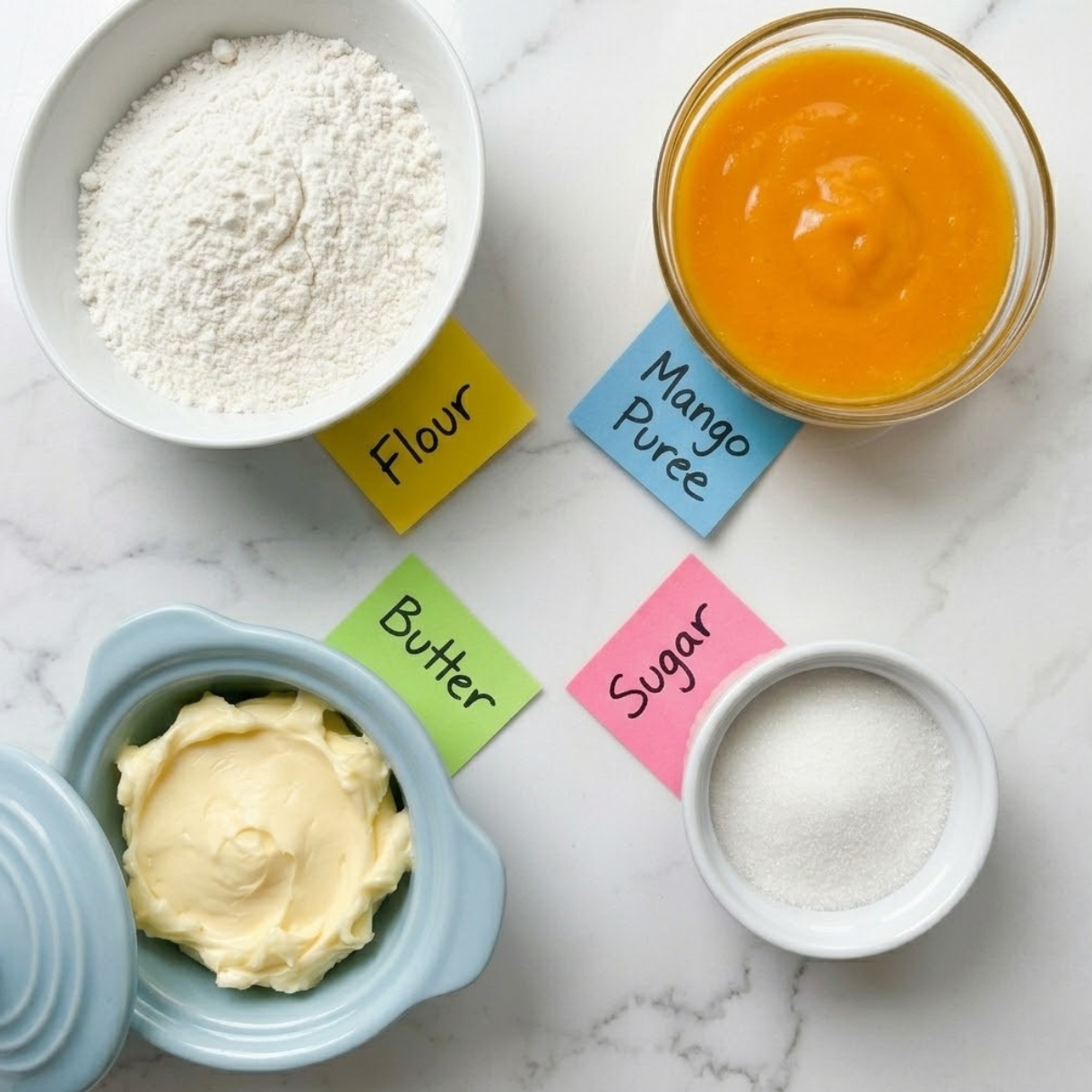 Tight knolling of flour, mango puree, and butter with labels on a marble surface.