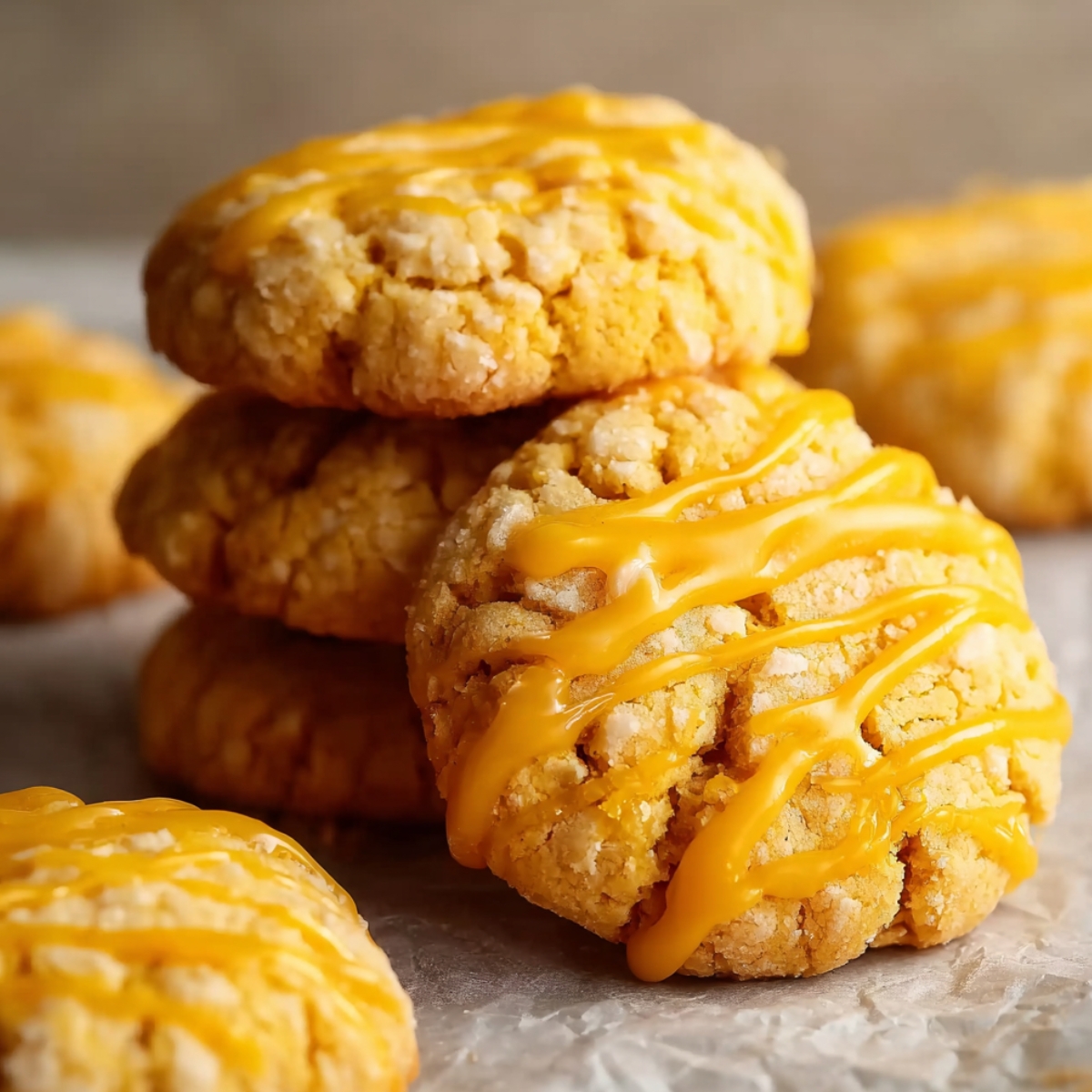 Close-up of golden mango cookies with a crinkled sugar-crusted texture, drizzled with vibrant bright yellow mango glaze in diagonal lines, stacked and scattered on crinkled parchment paper on a light gray surface, with additional cookies softly blurred in the warm background.
