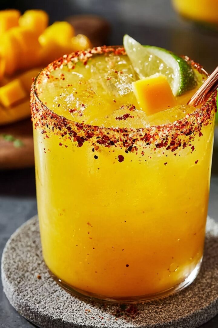 A rocks glass filled with a vibrant golden mango margarita with a spicy red chili and salt rimmed edge, garnished with a fresh lime wedge, a cube of fresh mango, and a rose gold metal straw, placed on a round stone coaster on a dark gray surface, with fresh diced mango on a wooden board and halved limes softly blurred in the sunny background.