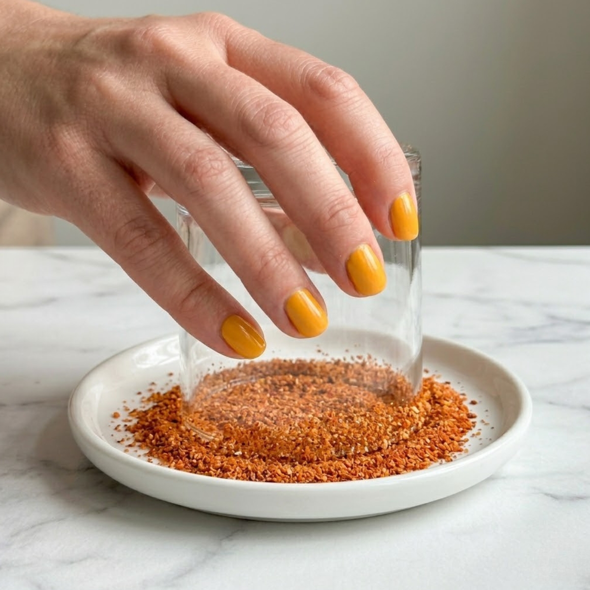 Extreme close-up of hands with yellow nails pressing a glass rim into Tajin seasoning.
