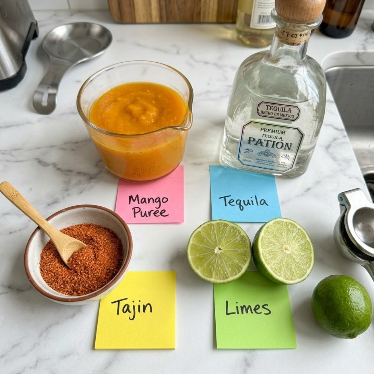 Tight knolling of mango puree, tequila, Tajin, and limes with labels on marble.