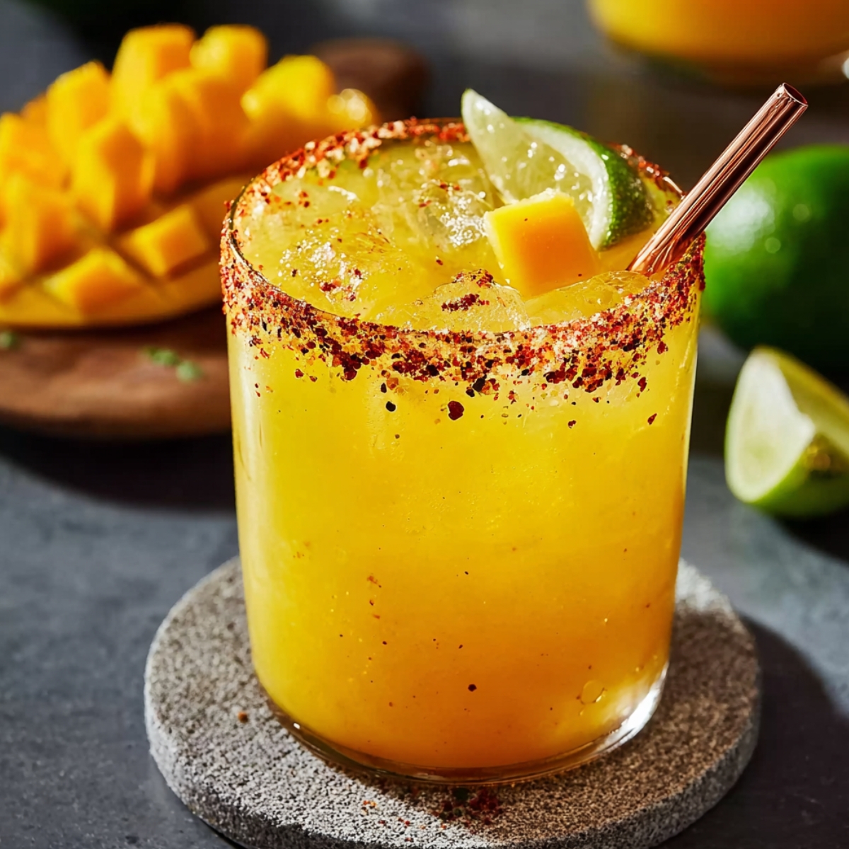 A rocks glass filled with a vibrant golden mango margarita with a spicy red chili and salt rimmed edge, garnished with a fresh lime wedge, a cube of fresh mango, and a rose gold metal straw, placed on a round stone coaster on a dark gray surface, with fresh diced mango on a wooden board and halved limes softly blurred in the sunny background.