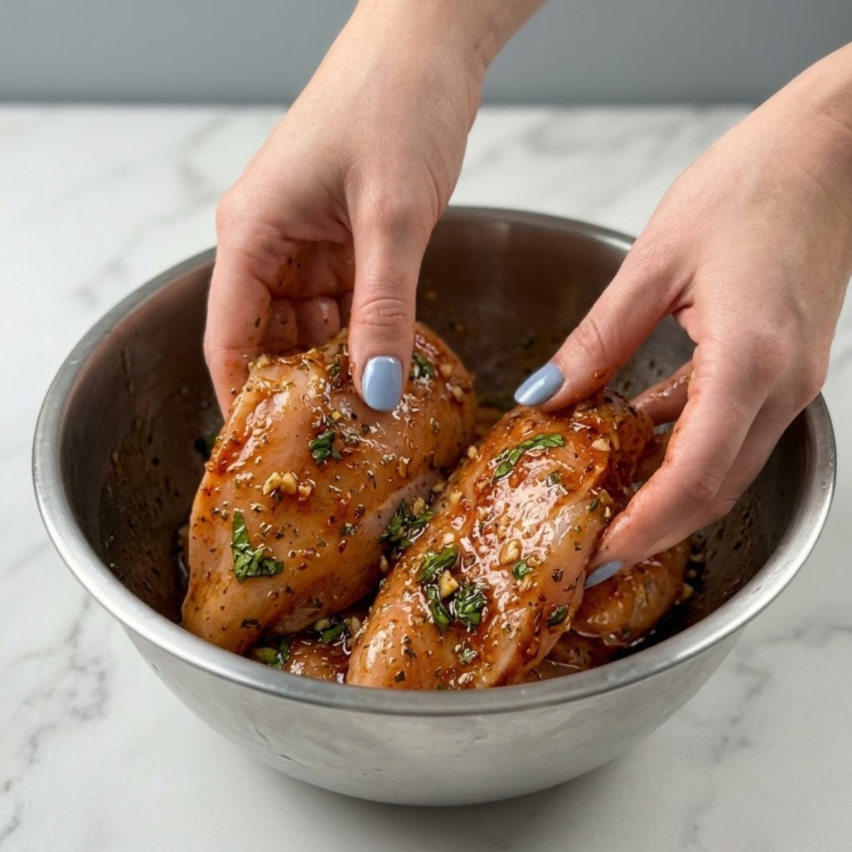 Close up view of a woman's hands with fog blue nails tossing chicken breasts in a glossy red herb marinade inside a large mixing bowl.