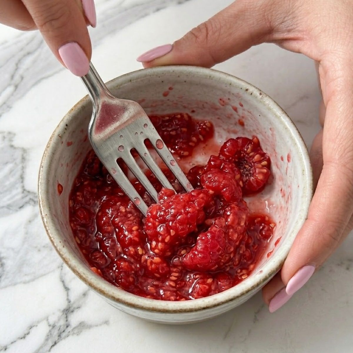 Tight zoom of hands with pink nails using a fork to mash fresh red raspberries into a puree.