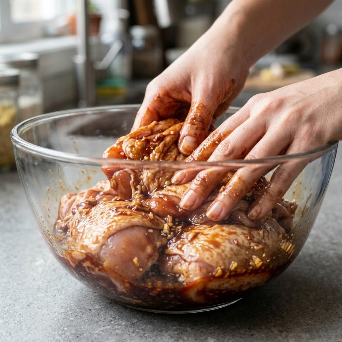 A close-up view of two hands actively rubbing and massaging a thick, reddish-brown marinade paste—containing five-spice, garlic, and hoisin—into raw chicken thighs inside a large clear glass bowl. The counter surface from previous images is in the background.