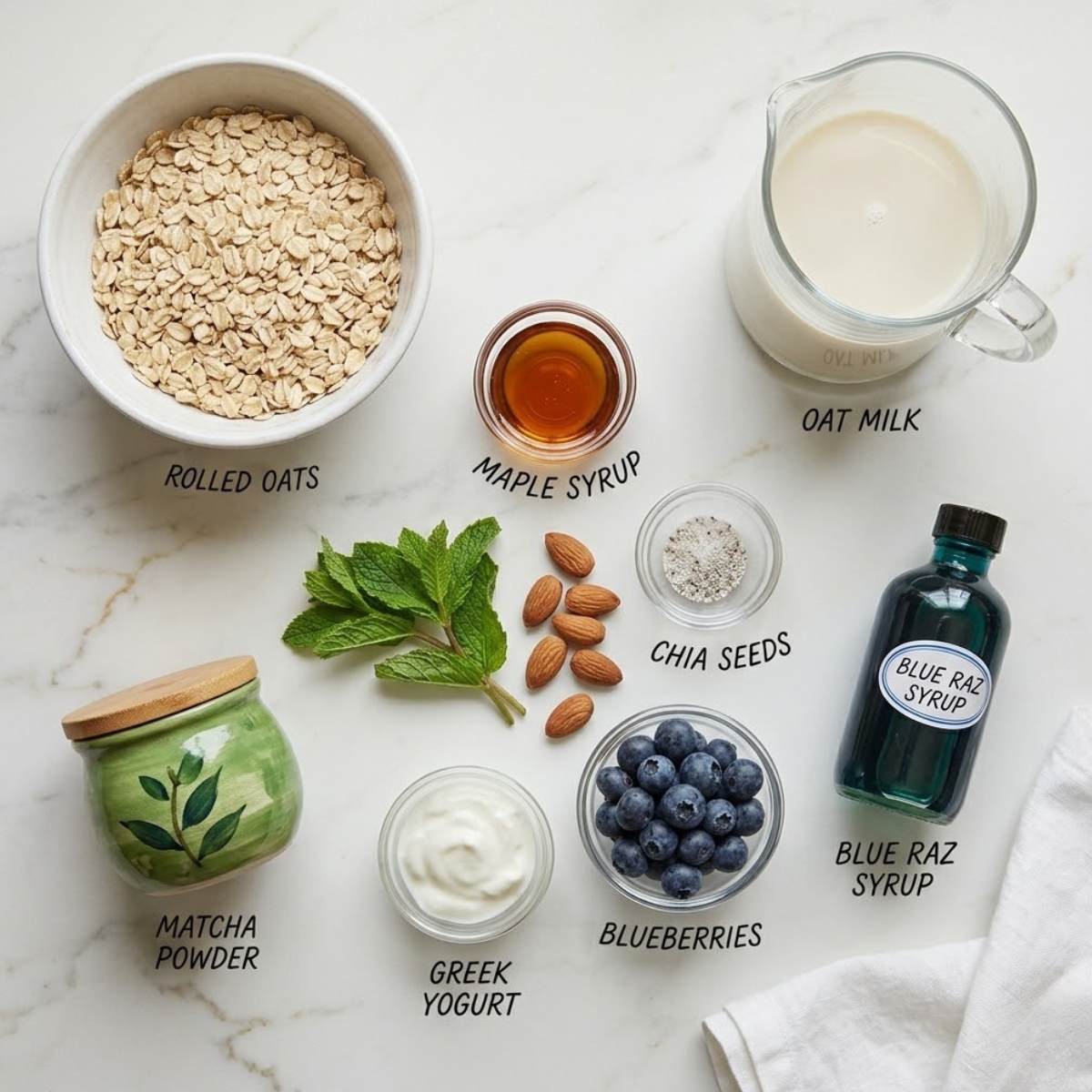 A professional mise en place shot showcasing the vibrant matcha, rolled oats, and fresh toppings needed for a creamy, nutrient-dense breakfast.