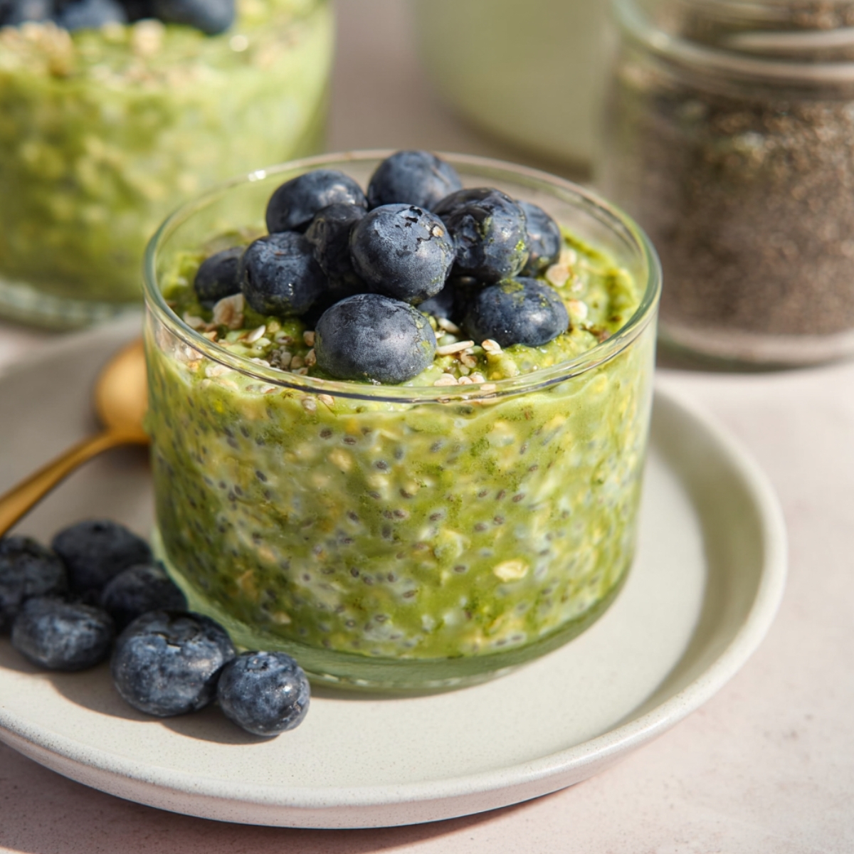 A clear glass jar filled with vibrant green matcha overnight oats speckled with chia seeds and rolled oats, topped with a generous mound of fresh plump blueberries and a sprinkle of seeds, placed on a sage green ceramic plate with additional blueberries alongside and a gold spoon, with a second jar of matcha oats and a glass jar of chia seeds softly blurred in the background on a light pink surface.