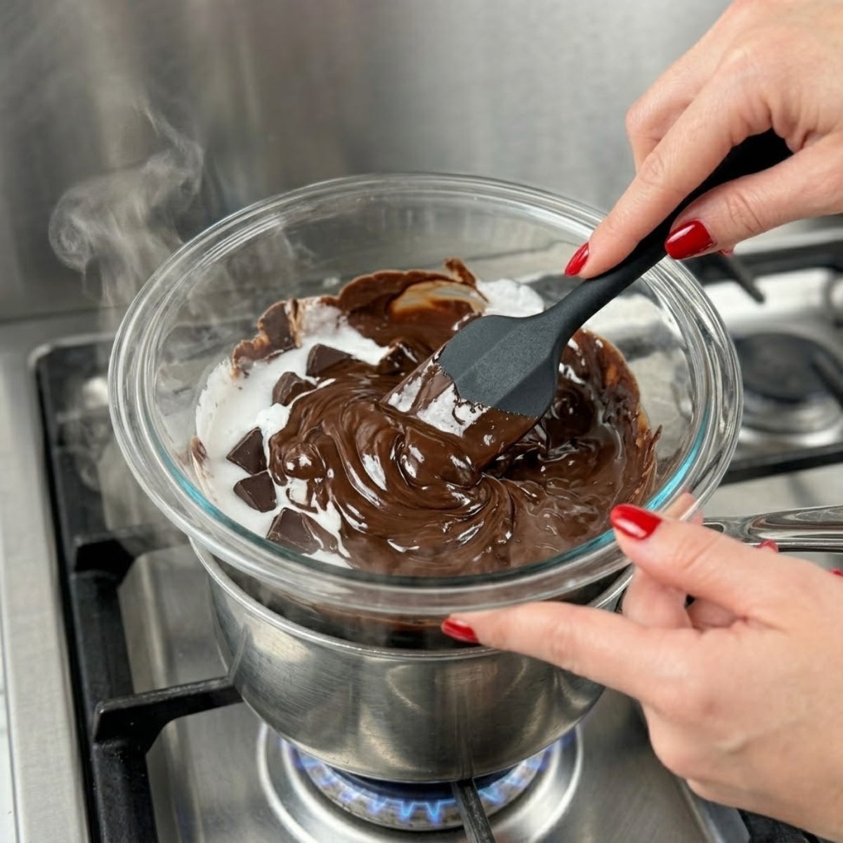 Close up view of a woman's hands with classic red nails stirring melting dark chocolate and coconut cream in a glass bowl over a steaming saucepan on a gas stovetop.