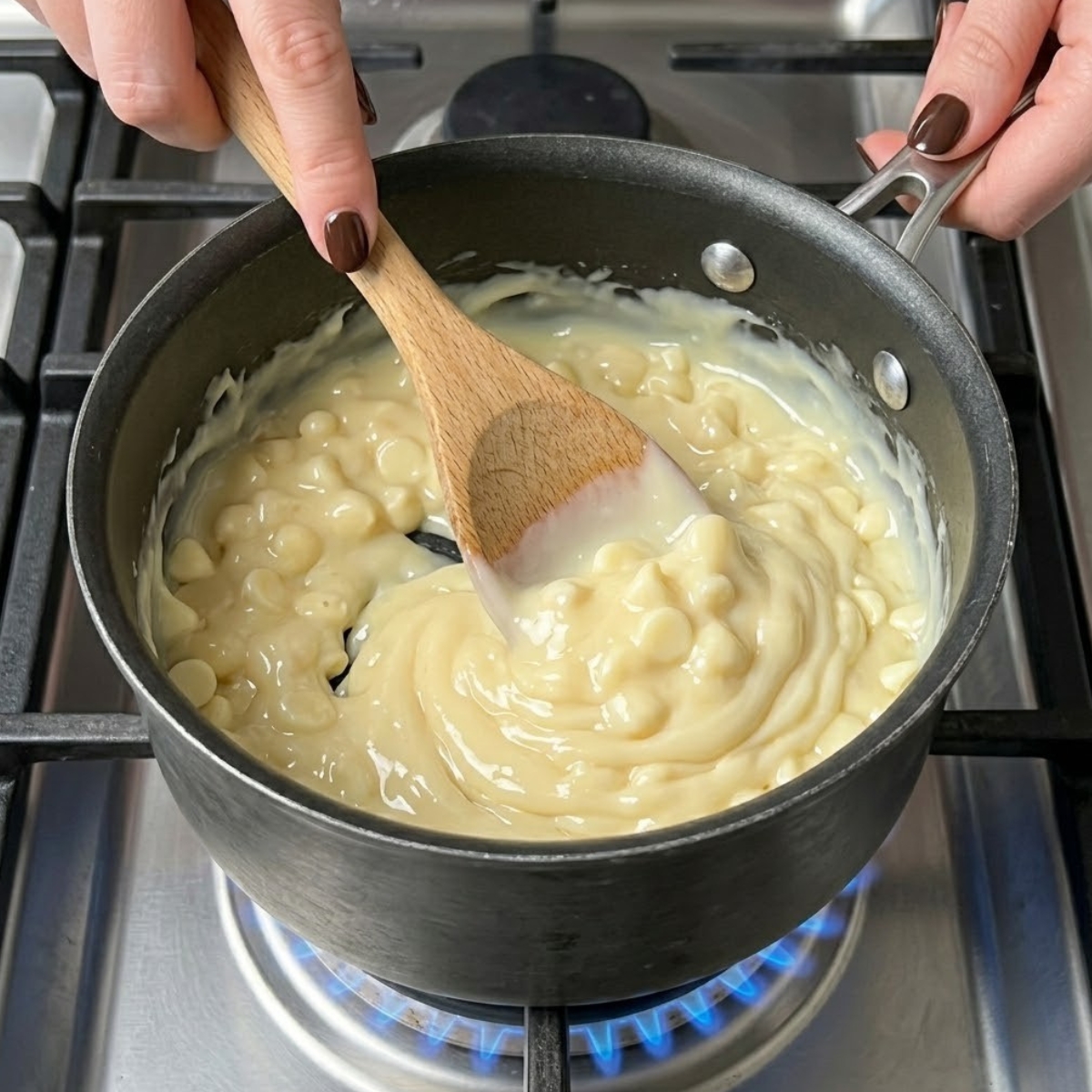Extreme close-up of hands with brown nails stirring melting white chocolate chips into condensed milk in a pan over a gas flame.